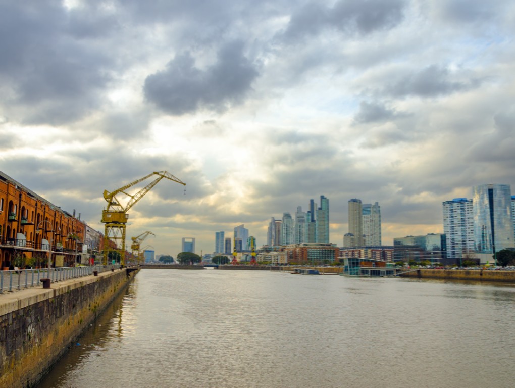 A wide angle view of the Puerto Madero neighborhood in Buenos Aires, Argentina